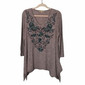 ENERGE WORLD WEAR Womens L Gray Tunic Top V-Neck 3/4 Sleeve Floral Print Stretch